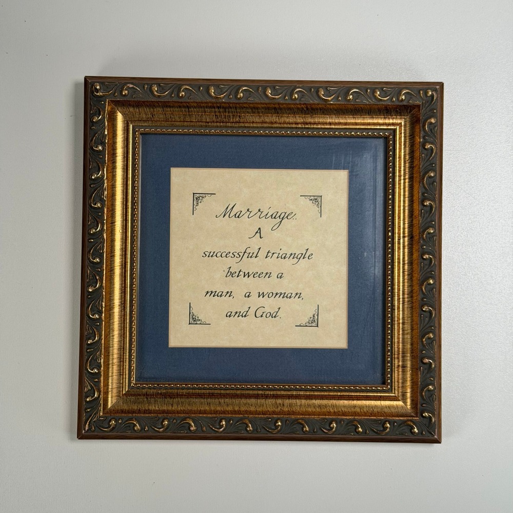Vintage Marriage Triangle Quote Wall Art 9.5" Wood Frame Ornate Cindy Jacobs 70s